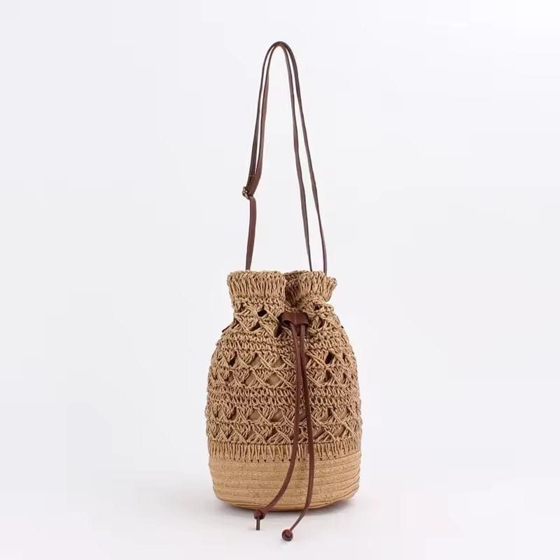 Straw Bucket Bag for Women, Boho Summer Vacation Purse in Coffee, styled as a SheSelects summer accessory