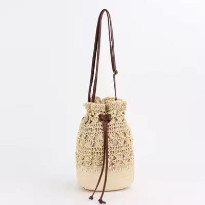 Straw Bucket Bag for Women, Boho Summer Vacation Purse in Coffee, styled as a SheSelects summer accessory