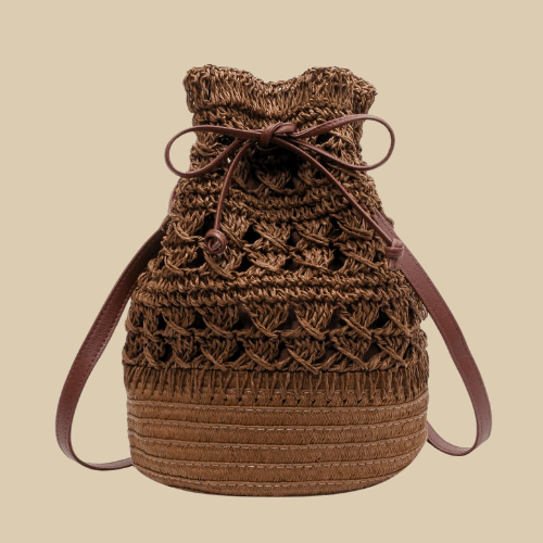 Straw Bucket Bag for Women, Boho Summer Vacation Purse in Coffee, styled as a SheSelects summer accessory