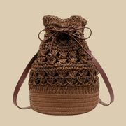 Straw Bucket Bag for Women, Boho Summer Vacation Purse in Coffee, styled as a SheSelects summer accessory
