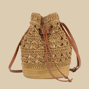 Straw Bucket Bag for Women, Boho Summer Vacation Purse in Coffee, styled as a SheSelects summer accessory