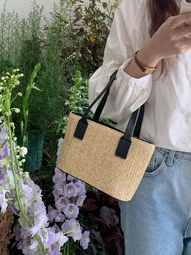 Straw Handbag for Women, Natural Woven Summer Purse in Apricot, styled as a SheSelects summer accessory