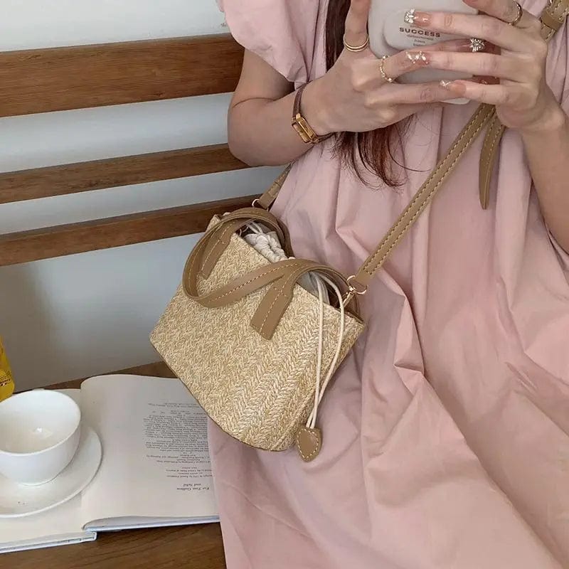 Straw Handbag for Women, Natural Woven Summer Purse in Apricot, styled as a SheSelects summer accessory