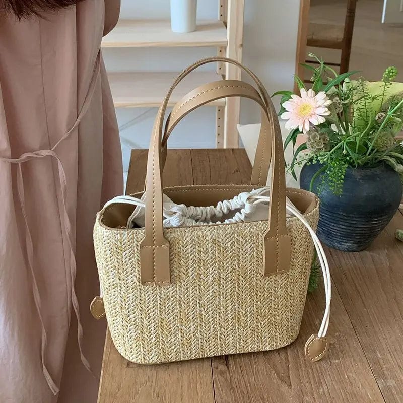 Straw Handbag for Women, Natural Woven Summer Purse in Apricot, styled as a SheSelects summer accessory